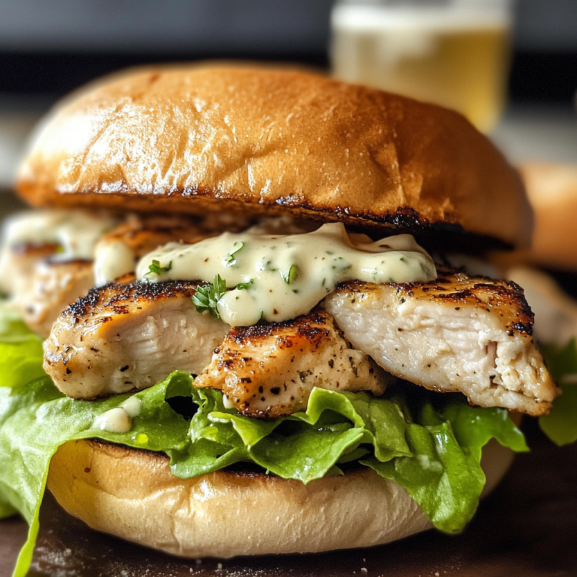 Un sandwich de poulet grillé avec du bacon et du fromage.