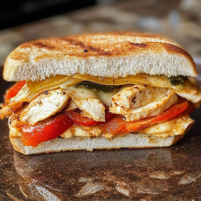 Une sandwich de poulet, de tomate et de mozzarella.