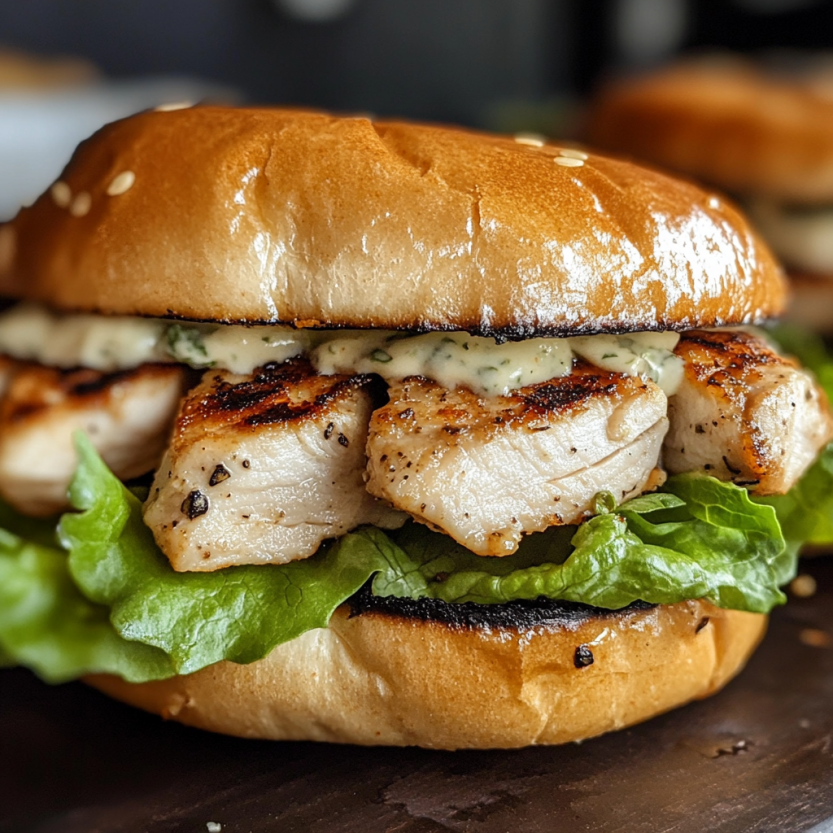 Une grilled chicken caesar sandwich sur une table.