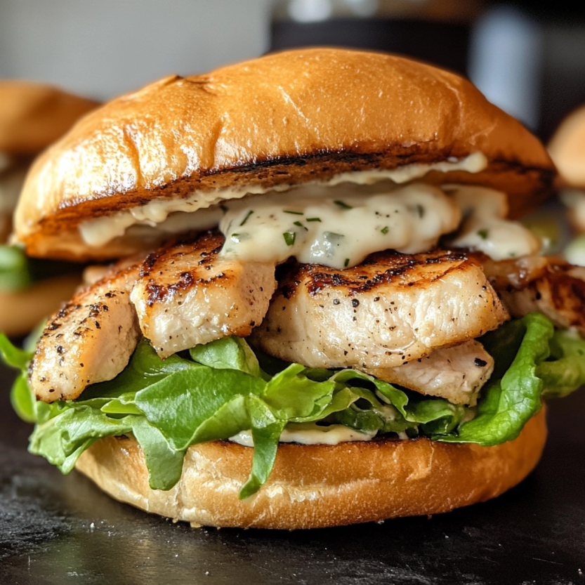 Une grilled chicken caesar sandwich sur une table.