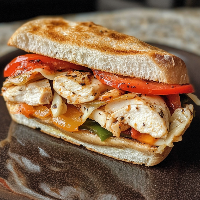 Une sandwich de poulet, de tomate et de poivron, avec du mozzarella dessus.