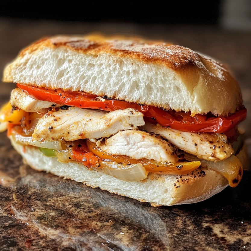 Un sandwich de poulet, de tomate et de mozzarella.