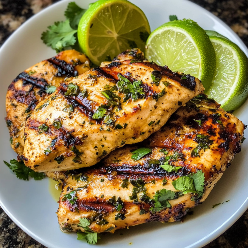 Une assiette de poulet grillé avec des herbes et des citrons verts.
