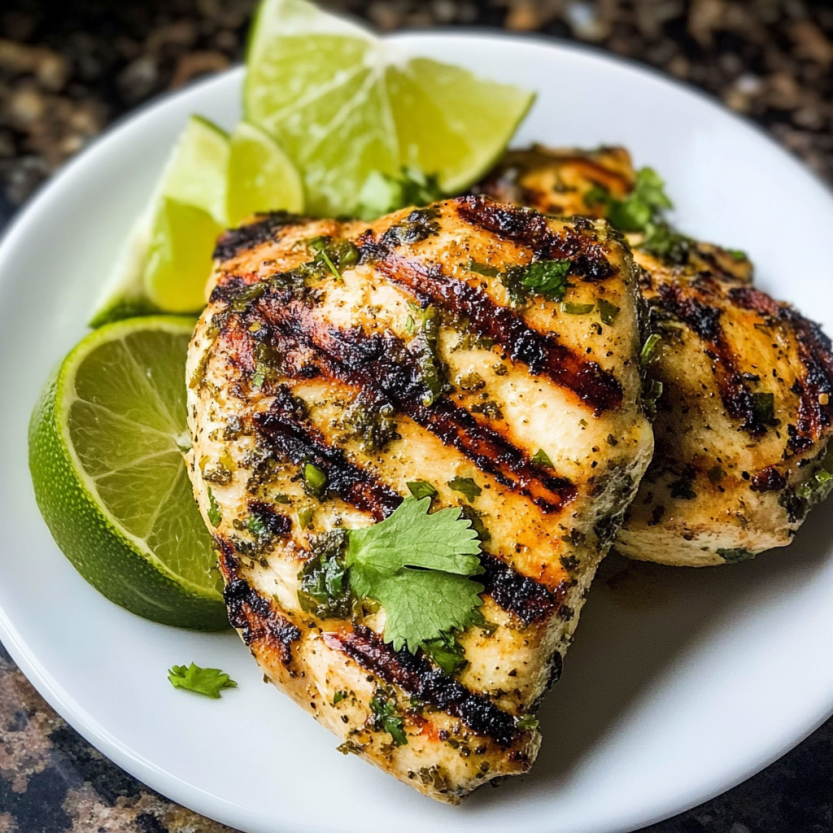 Une image de poulet grillé avec des herbes et des citrons.