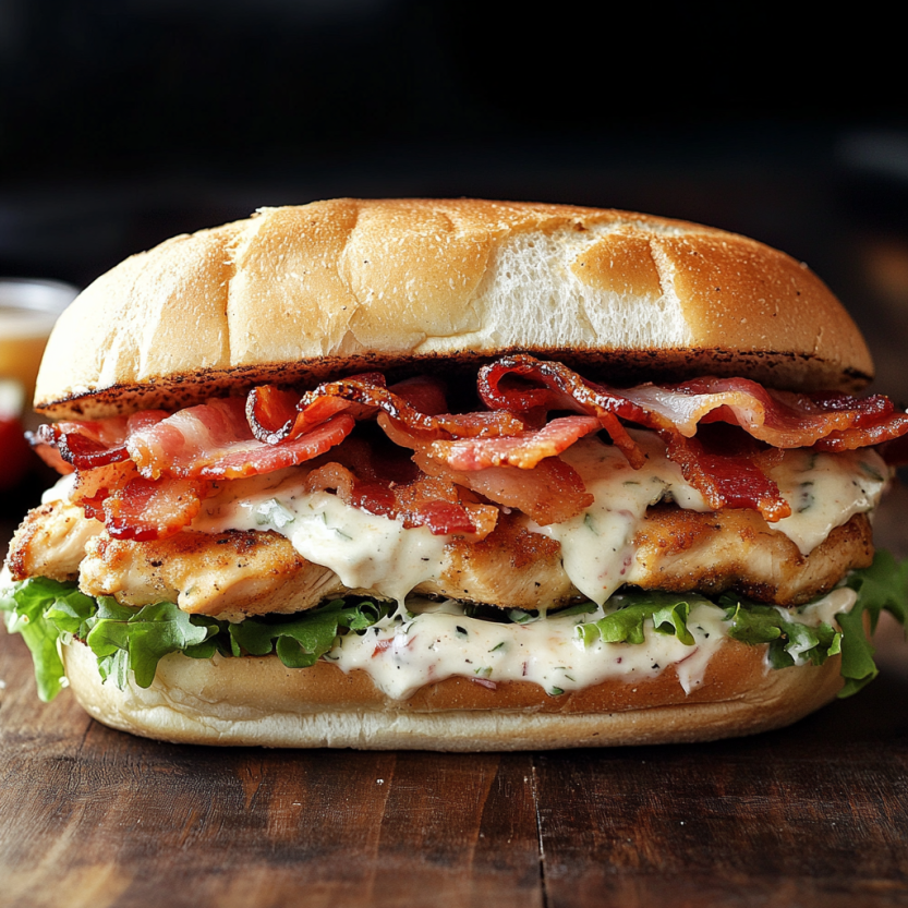 Un sandwich de poulet, bacon et ranch.