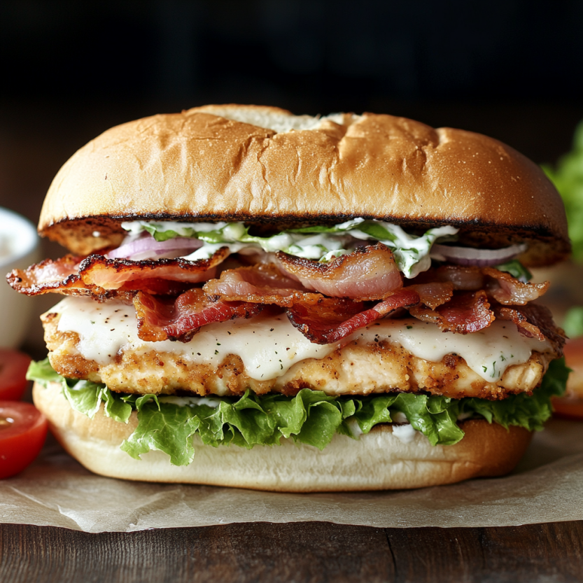 Un sandwich de poulet, bacon et ranch.