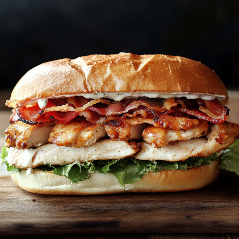 Un sandwich de poulet, bacon et ranch.