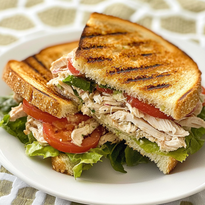 Un sandwich grillé avec des légumes et du poulet.