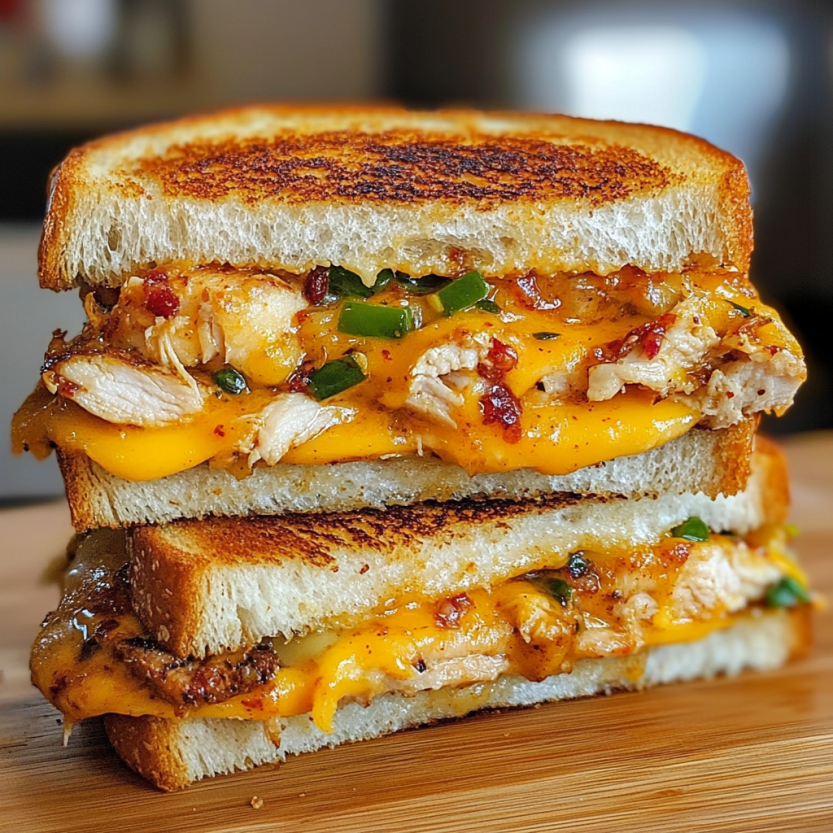 Une grilled cheese sandwich avec du poulet et des pépères.