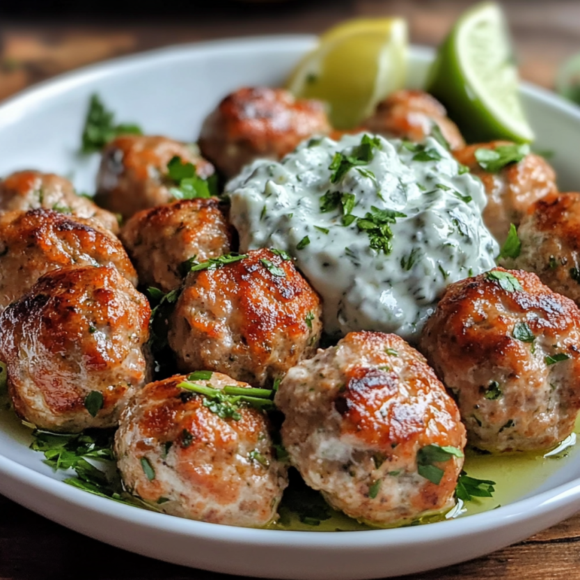 Plate of Greek Turkey Meatballs with Tzatziki.