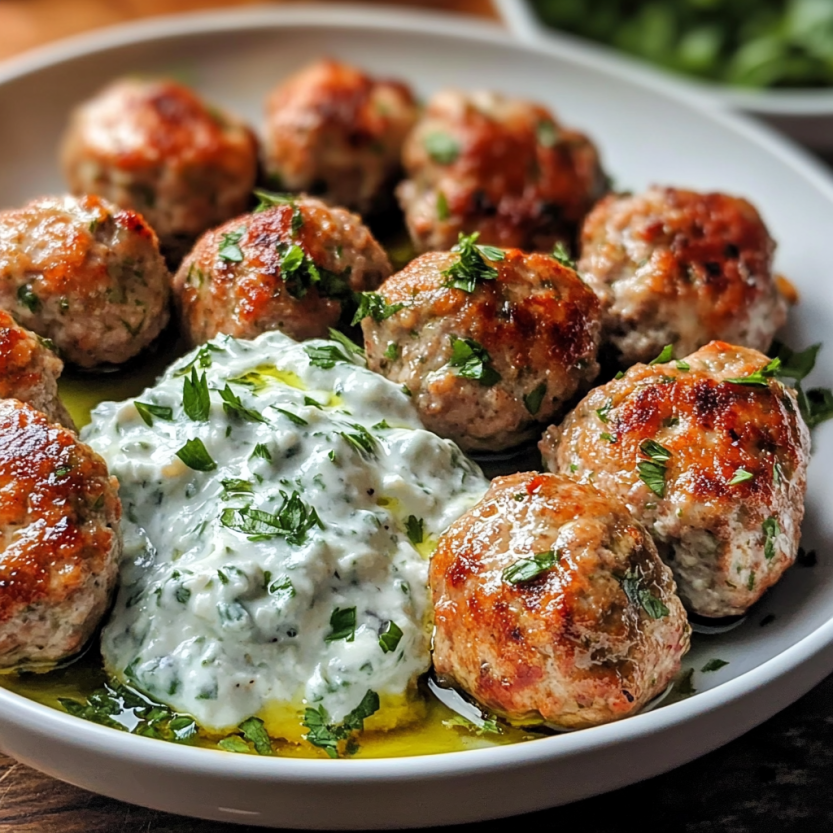 Plate of meatballs with a white sauce.