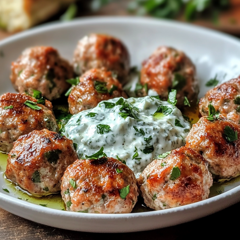 Plate of Greek Turkey Meatballs with Tzatziki.
