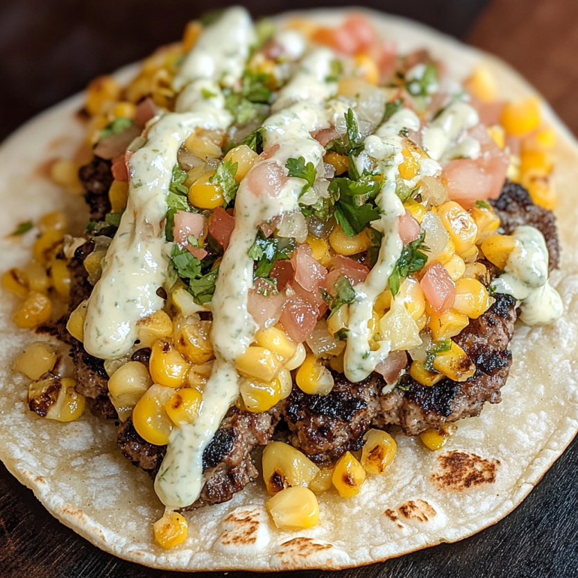 Une taco de street corn avec des ingrédients tels que des tomates, des avocats, des cornes de corn et des condiments.
