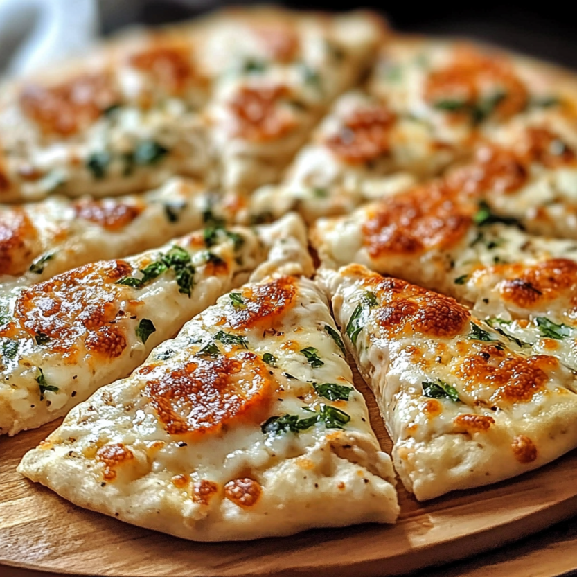 Une pizza maison faite de pâte à pizza, de fromage et de herbes.