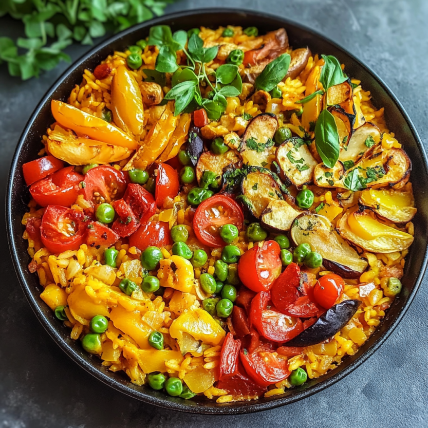 Une paella colorée et savoureuse, composée de légumes et de riz, est servie dans un bol.