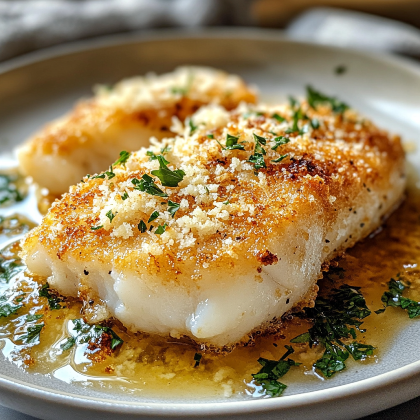 Une portion de poisson frit dans l'air avec du parmesan dessus.