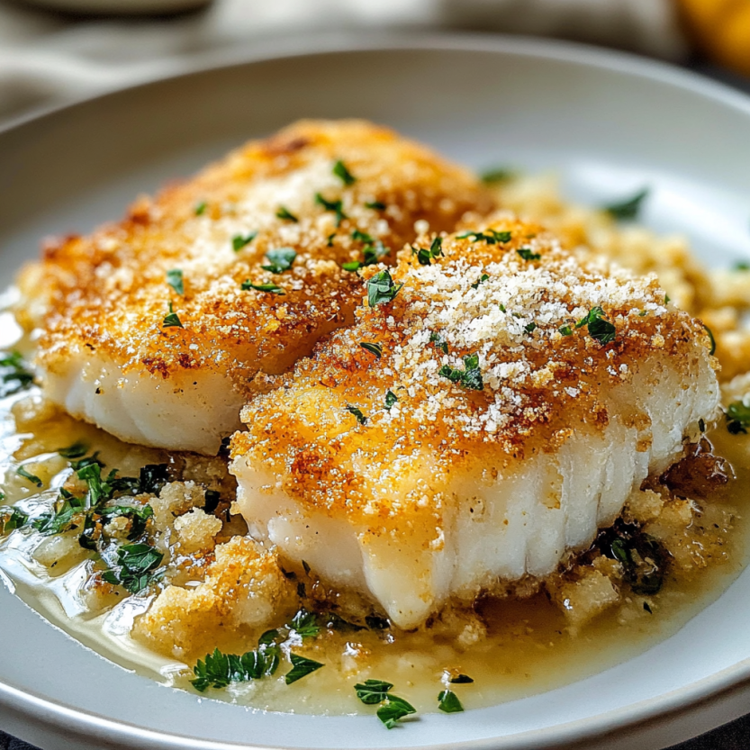 Une assiette de poisson frit dans l'air avec du parmesan dessus.
