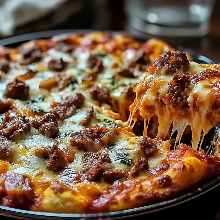 Une pizza casserole pour les amoureux de viande.