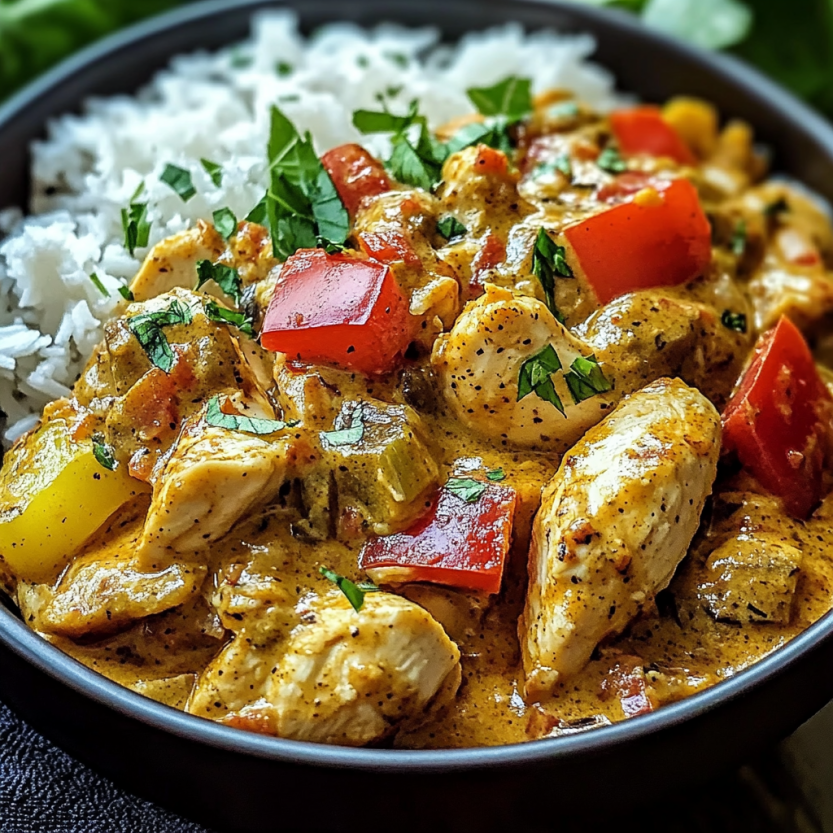 Une assiette de Jamaican Curry Chicken est servie dans un bol.