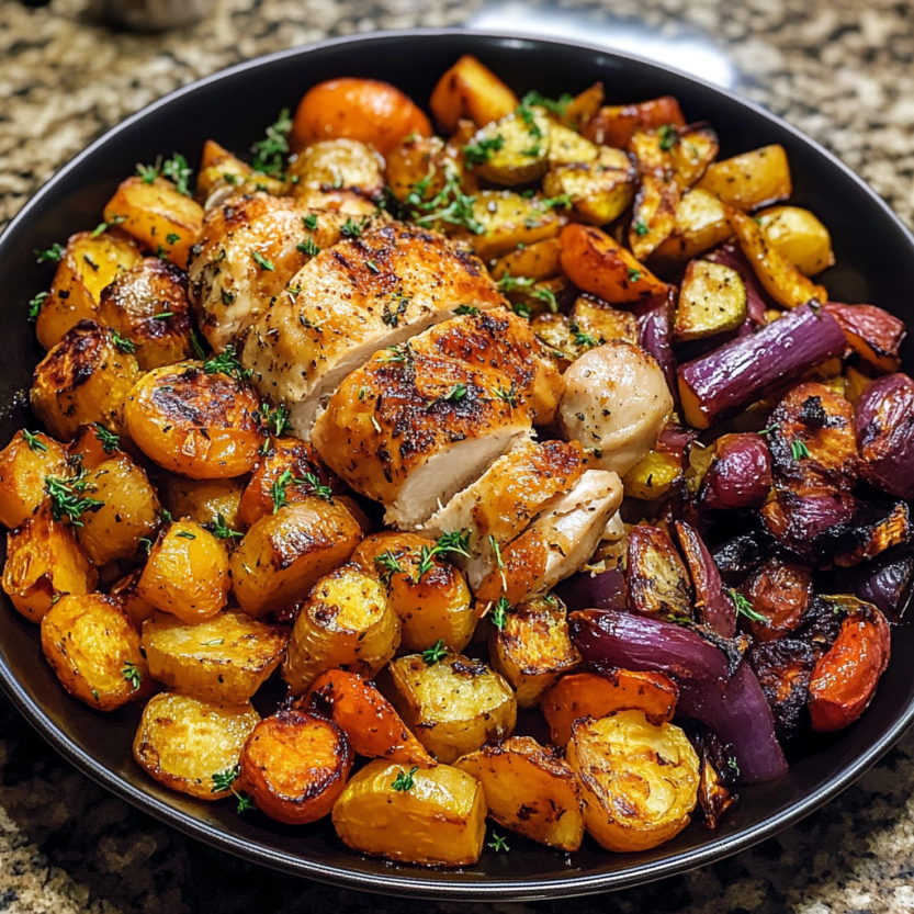 Une assiette de nourriture contenant des légumes et du poulet grillé, accompagnés de carottes et de purée de pommes de terre.