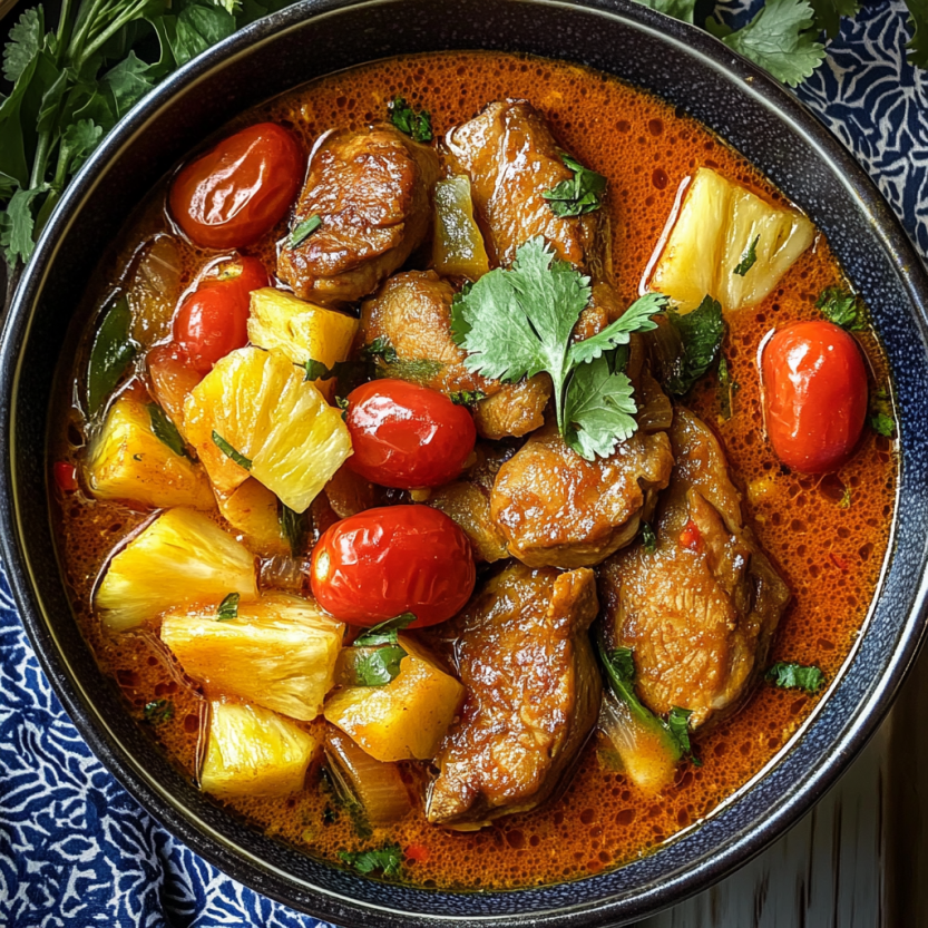 Une assiette de curry de canard avec des tomates cerises et de la pineapple.