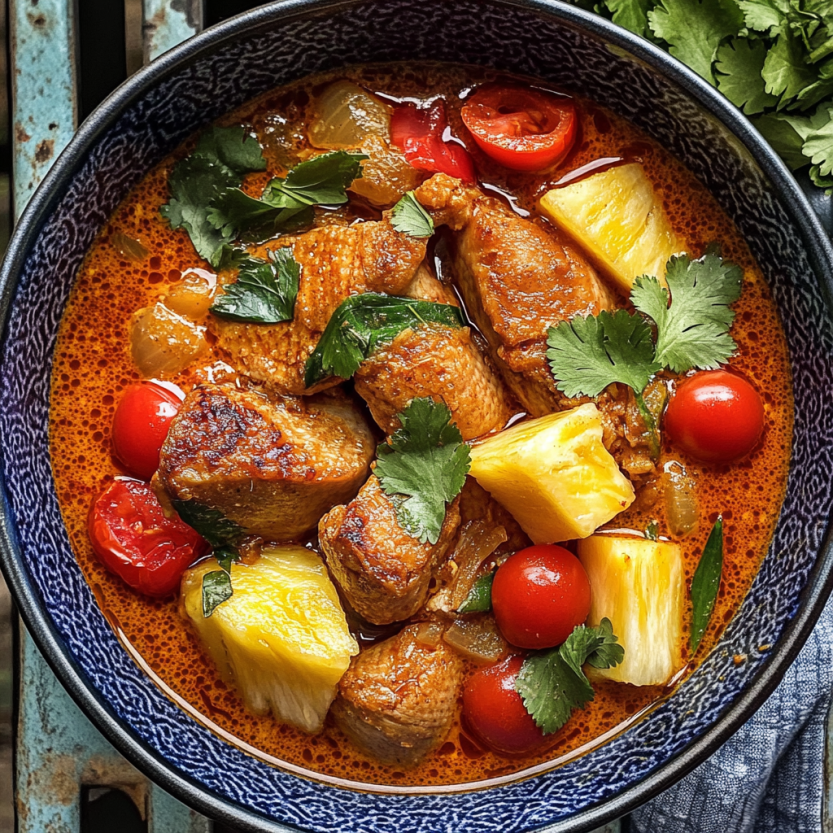 Une assiette de curry de canard avec des tomates cerises et de la pineapple.