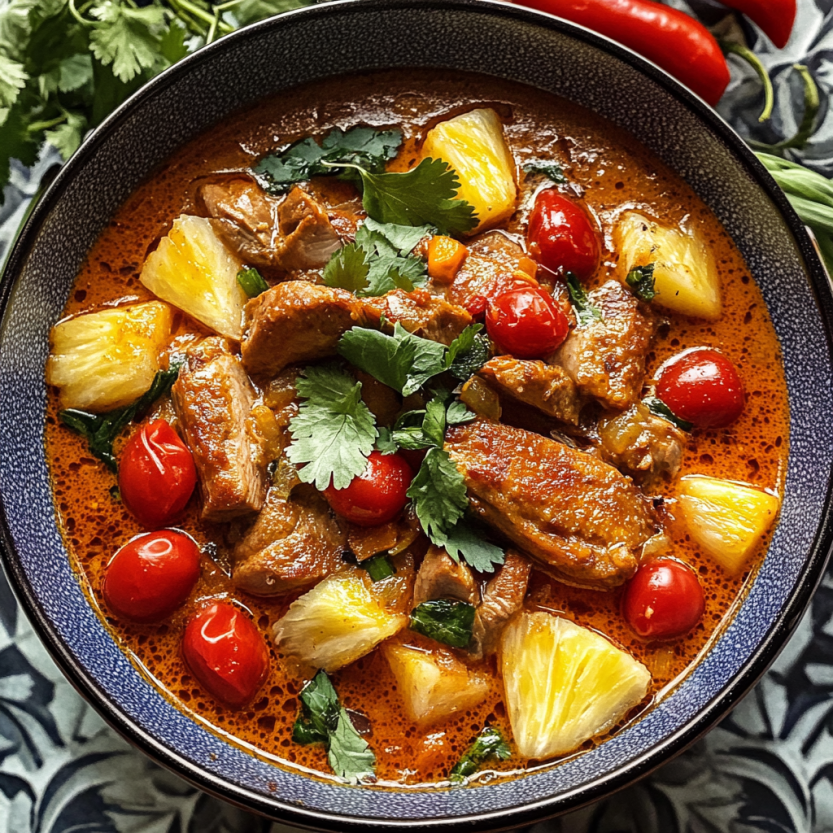 Un plat de curry de canard avec des tomates cerises et des ananas.