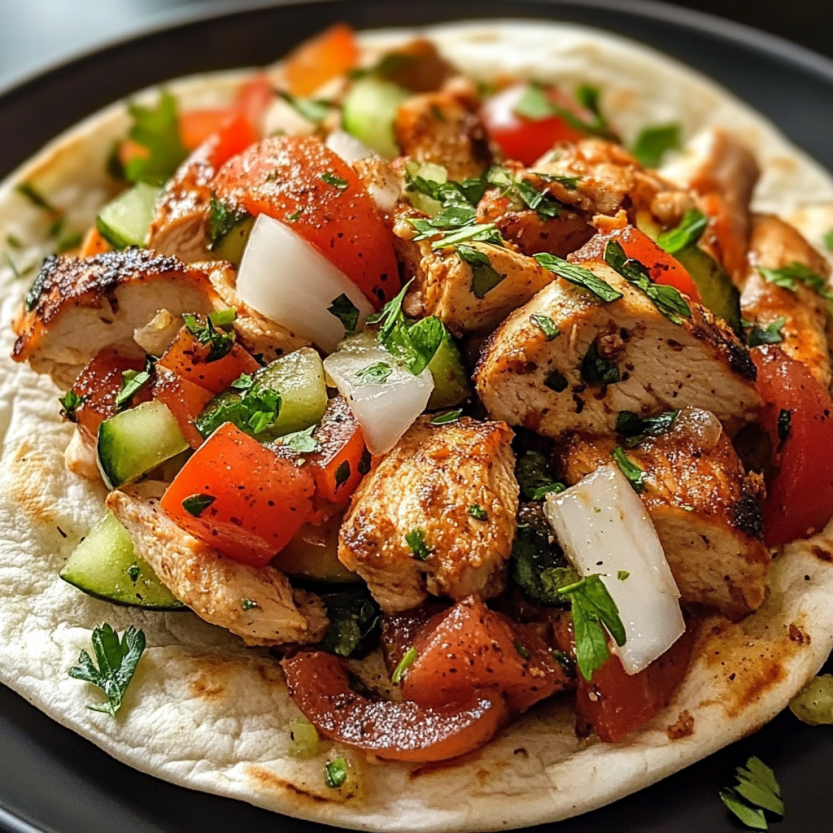 Une image de garnitures de gyros grecs avec des légumes et des viandes grillées.