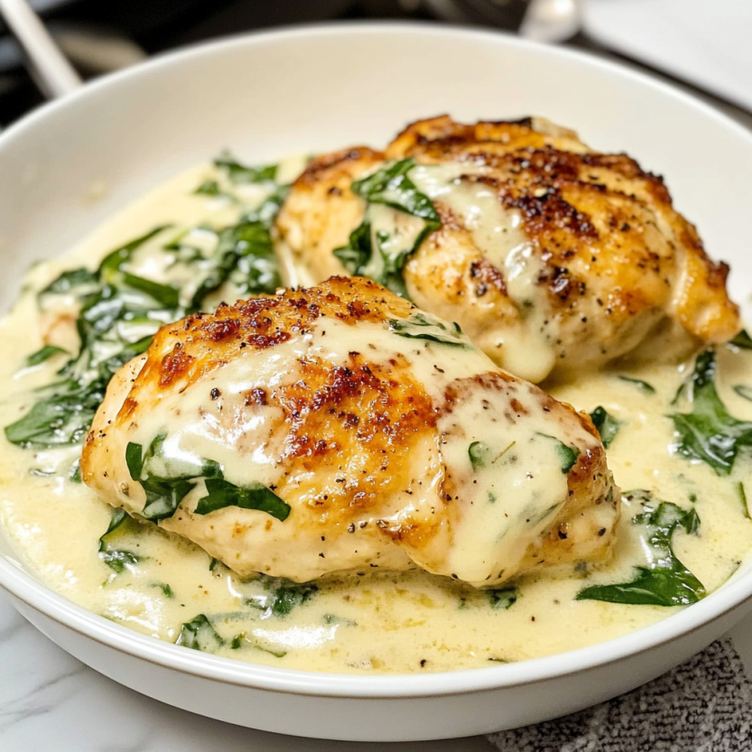Une assiette de chicken florentine avec des légumes verts.