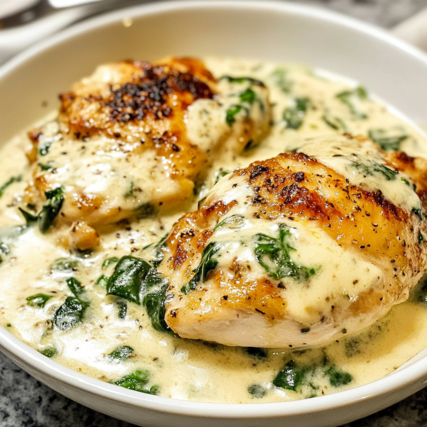Une assiette de chicken florentine avec des légumes verts.