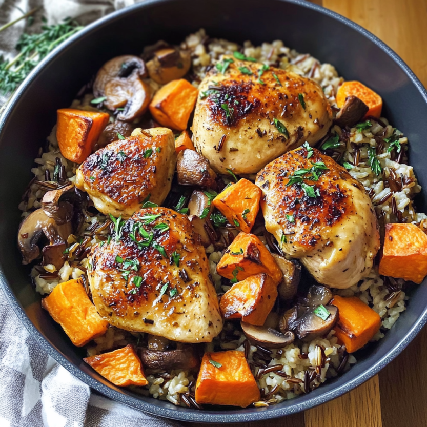 Une assiette de poulet et de riz sauvage avec des papas douces et des champignons.