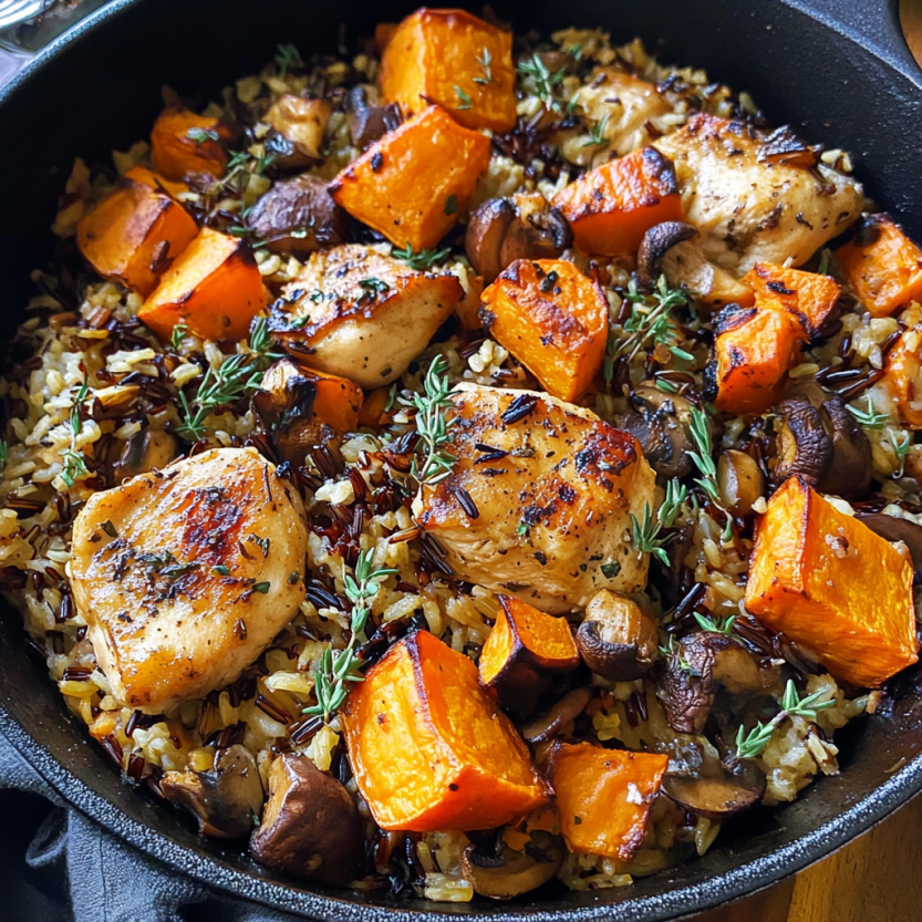 Une casserole de poulet et de riz sauvage avec des papas douces et des champignons.