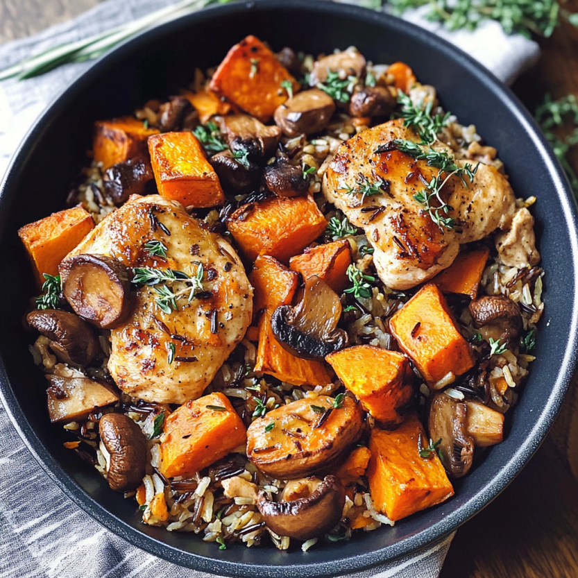 Une assiette de poulet et de riz sauvage avec des papas douces et des champignons.