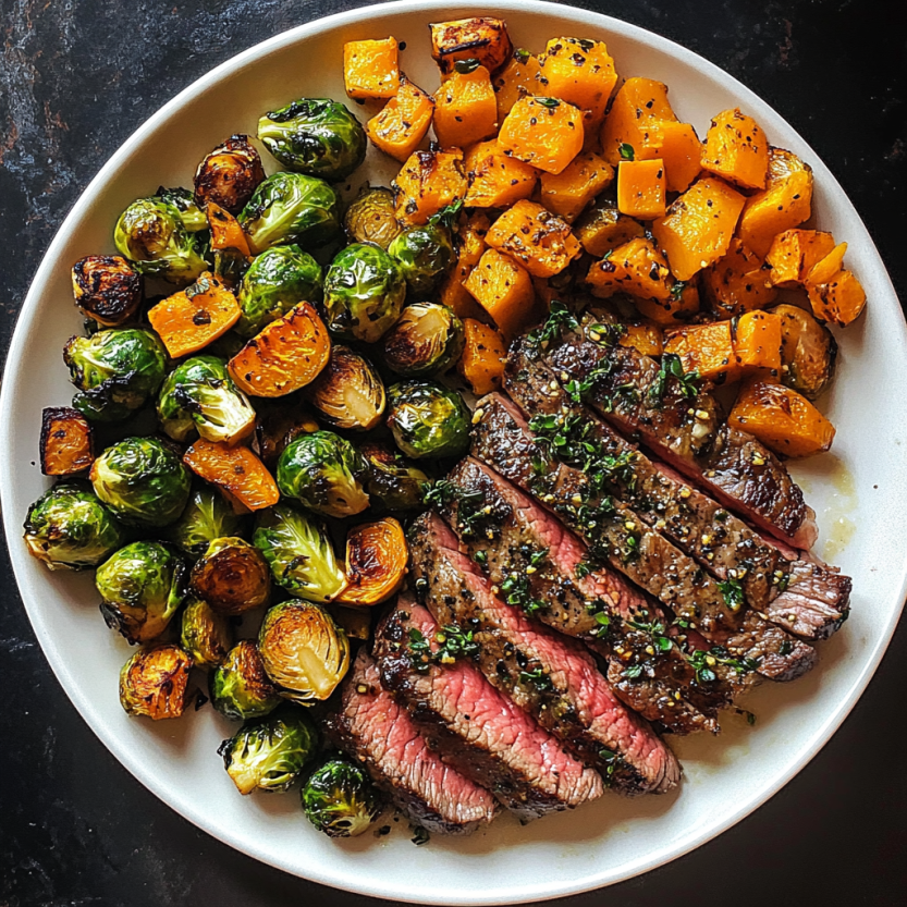 Une image de viande de bœuf grillée avec des légumes verts et des courgettes.