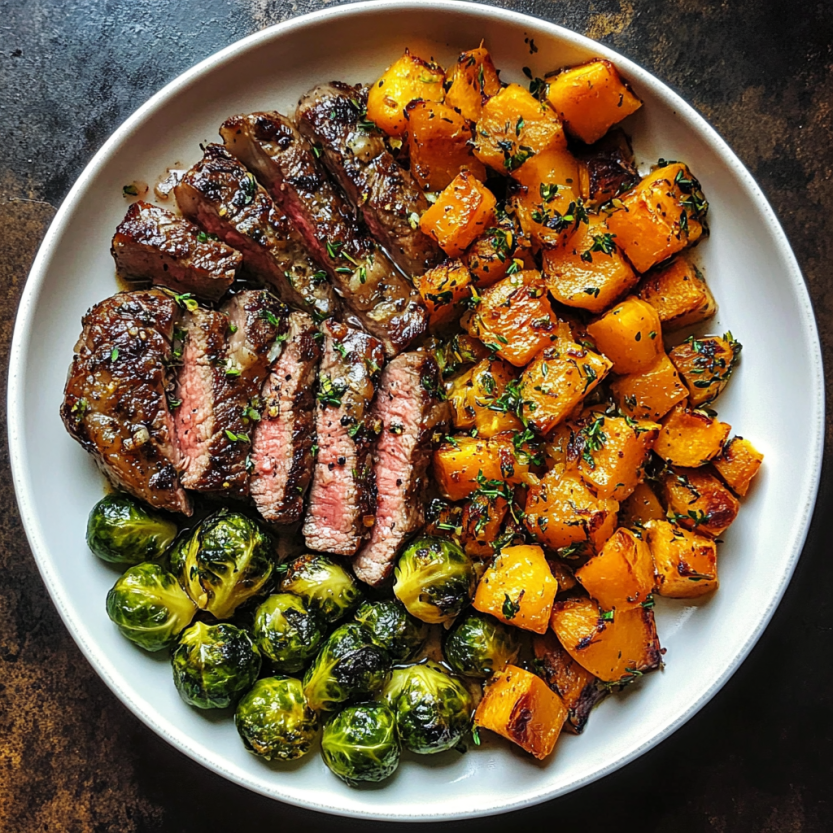 Une assiette de viande de bœuf grillé avec des brussels sprouts et des courgettes.