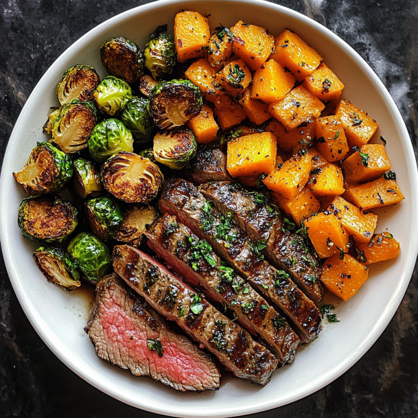 Une assiette de viande de bœuf grillé avec des légumes verts et des courgettes.