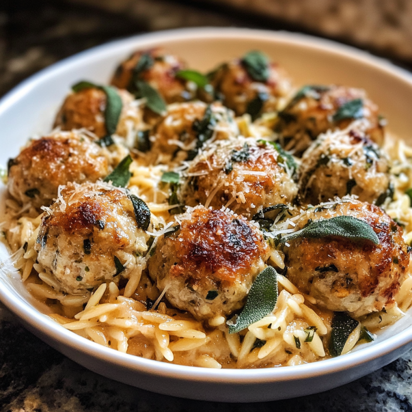 Une assiette de boulettes de poulet farcies de sage et de Parmesan, cuites et servies avec des spaghetti.