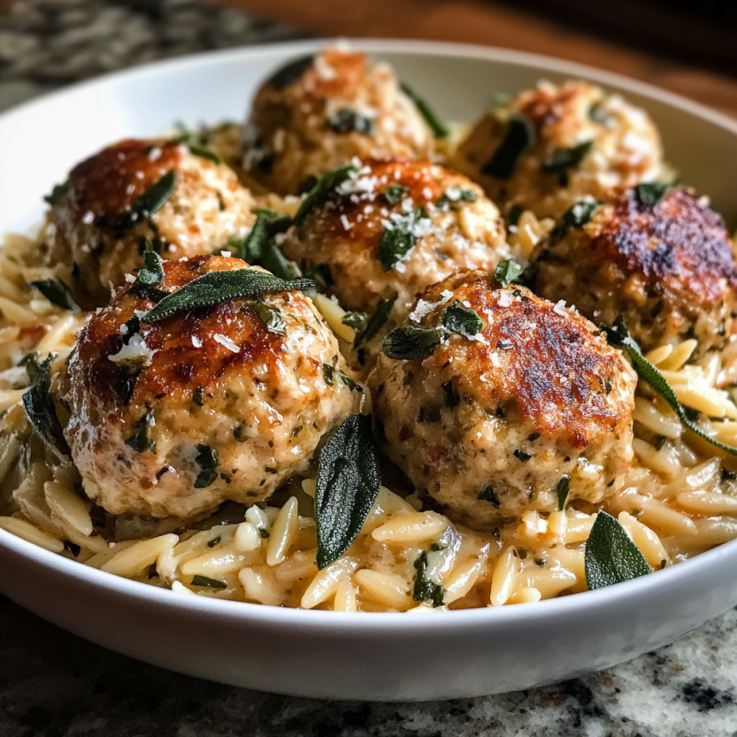 Une assiette de boulettes de poulet farcies de sauce et de herbes, servies sur une pâte à pizza.