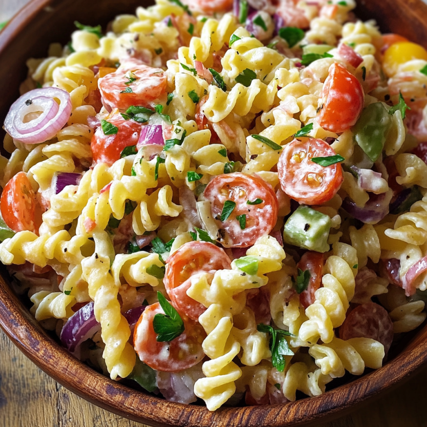Une salade de pâtes facile avec des tomates, des cucumbers, des oignons, des herbes et des pâtes.
