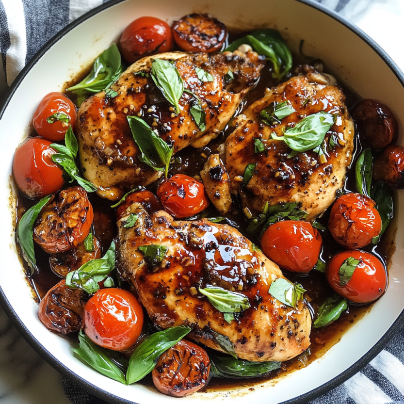 Une panne de poulet grillé avec des herbes et des tomates.