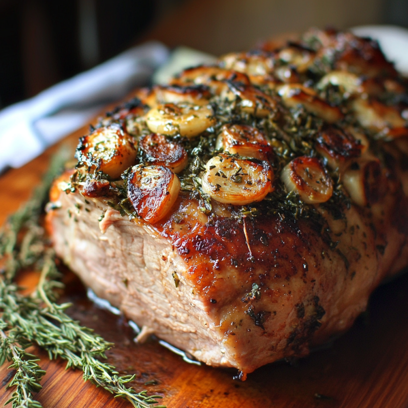 Une viande de porc grillée avec des herbes et des oignons.