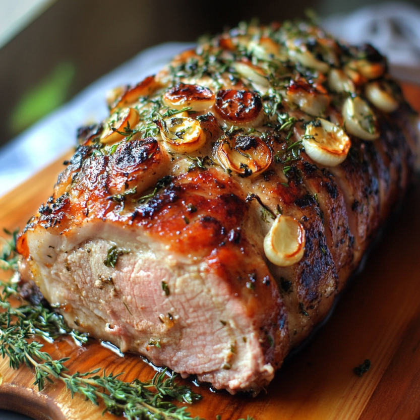 Une viande grillée avec des herbes et des ail.