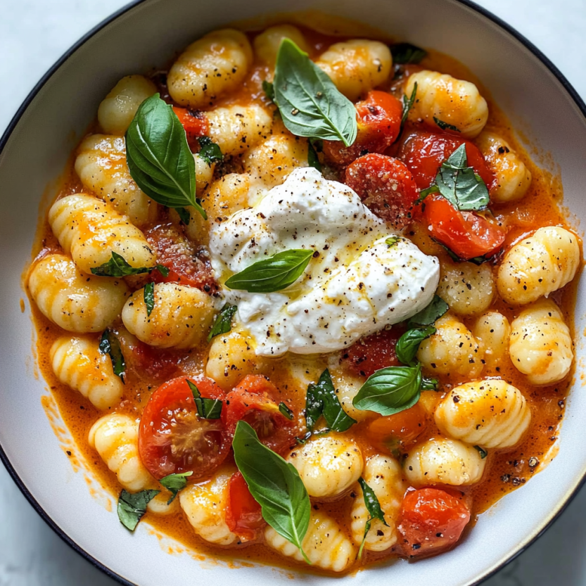 Une assiette de gnocchi tomateux avec du fromage burrata.