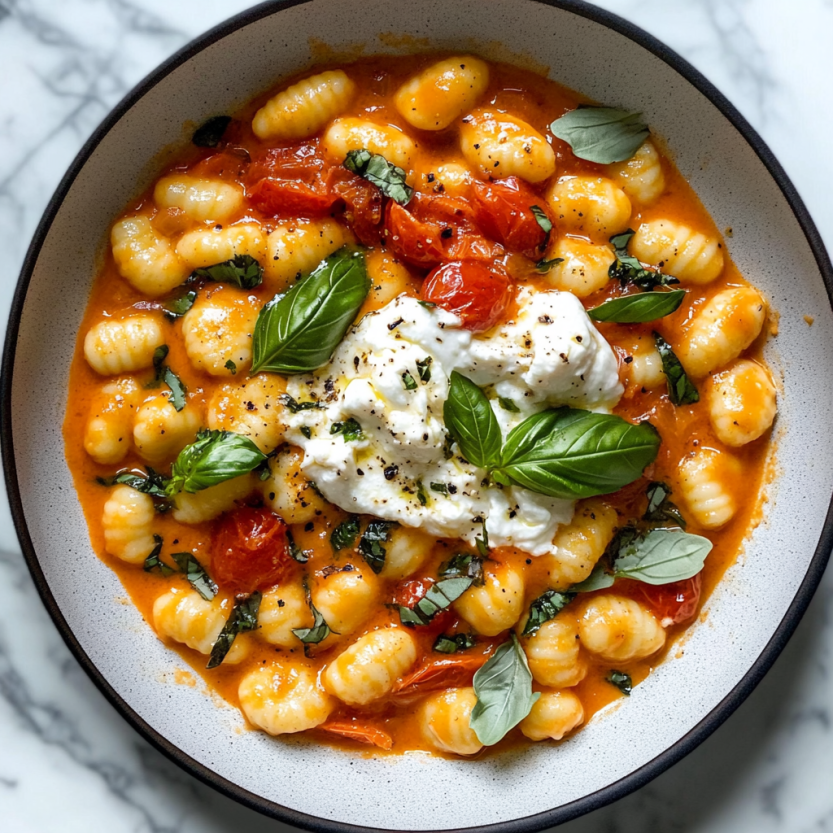 Une assiette de gnocchi tomateux avec du fromage burrata.