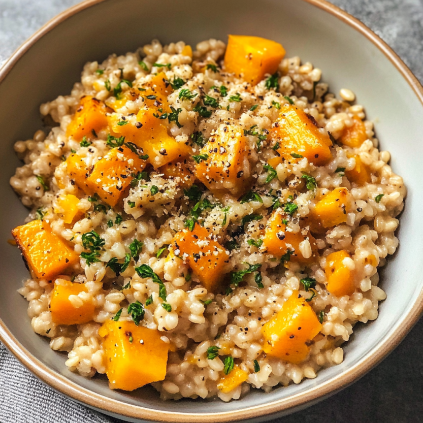 Une assiette de risotto de courgette avec des grains de céréales.