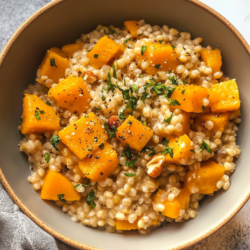 Une assiette de risotto aux épinards et aux pommes de terre.