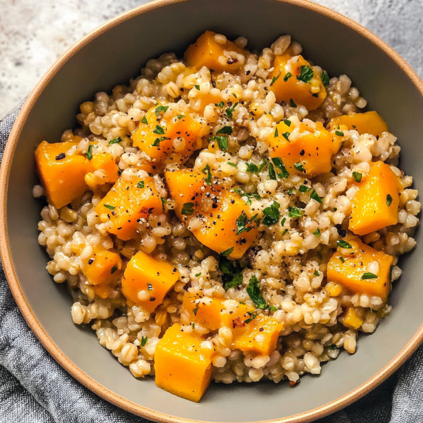 Une assiette de risotto de courgette avec du houmous et du blé.