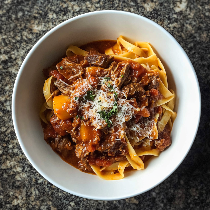 Une assiette de spaghetti bolognaise avec des herbes et des pâtes.