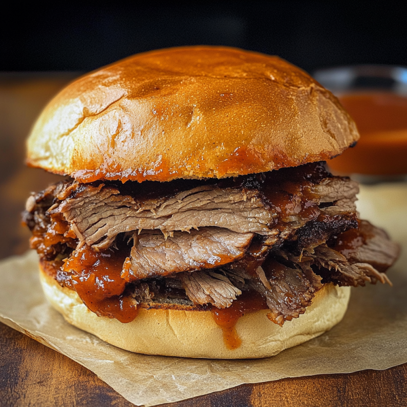 Un sandwich de brisket grillé avec des barbecue sauce et des légumes.