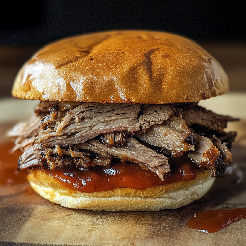 Un sandwich de brisket grillé avec des sauces et des légumes.